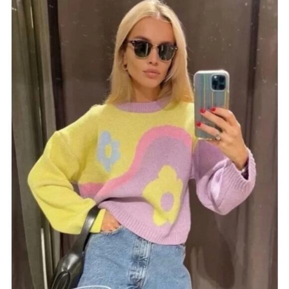 NWT Zara *Bloggers Fave* Floral Multicolored Pastel Knit Sweater, M - Picture 1 of 9